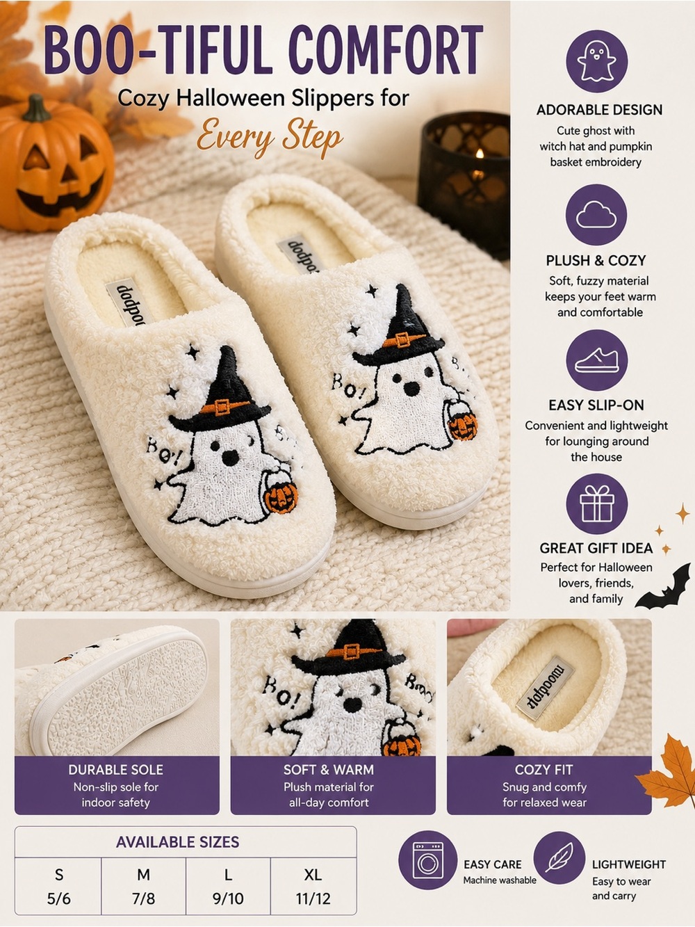 Cozy Halloween Ghost Slippers - Cream Plush